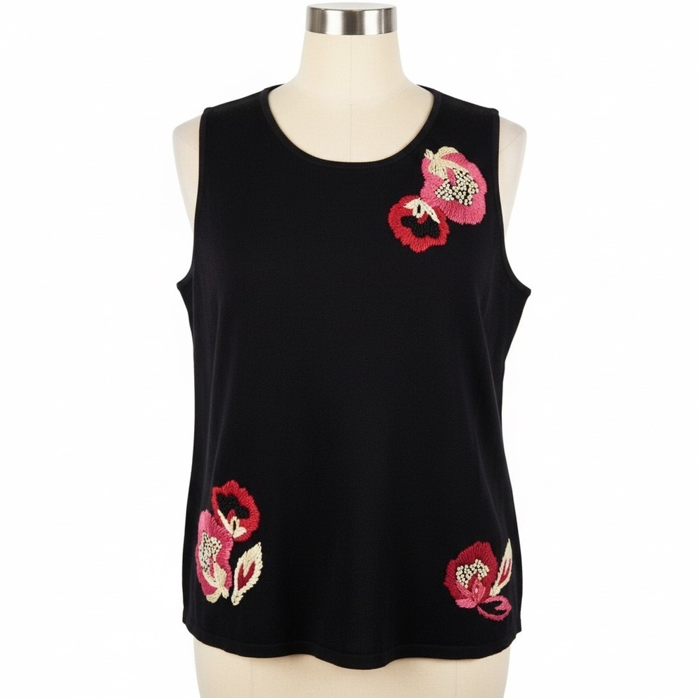 Nouveaux Sweater Black Floral Embroidered Knit Sleeveless Tank Shell Women Large